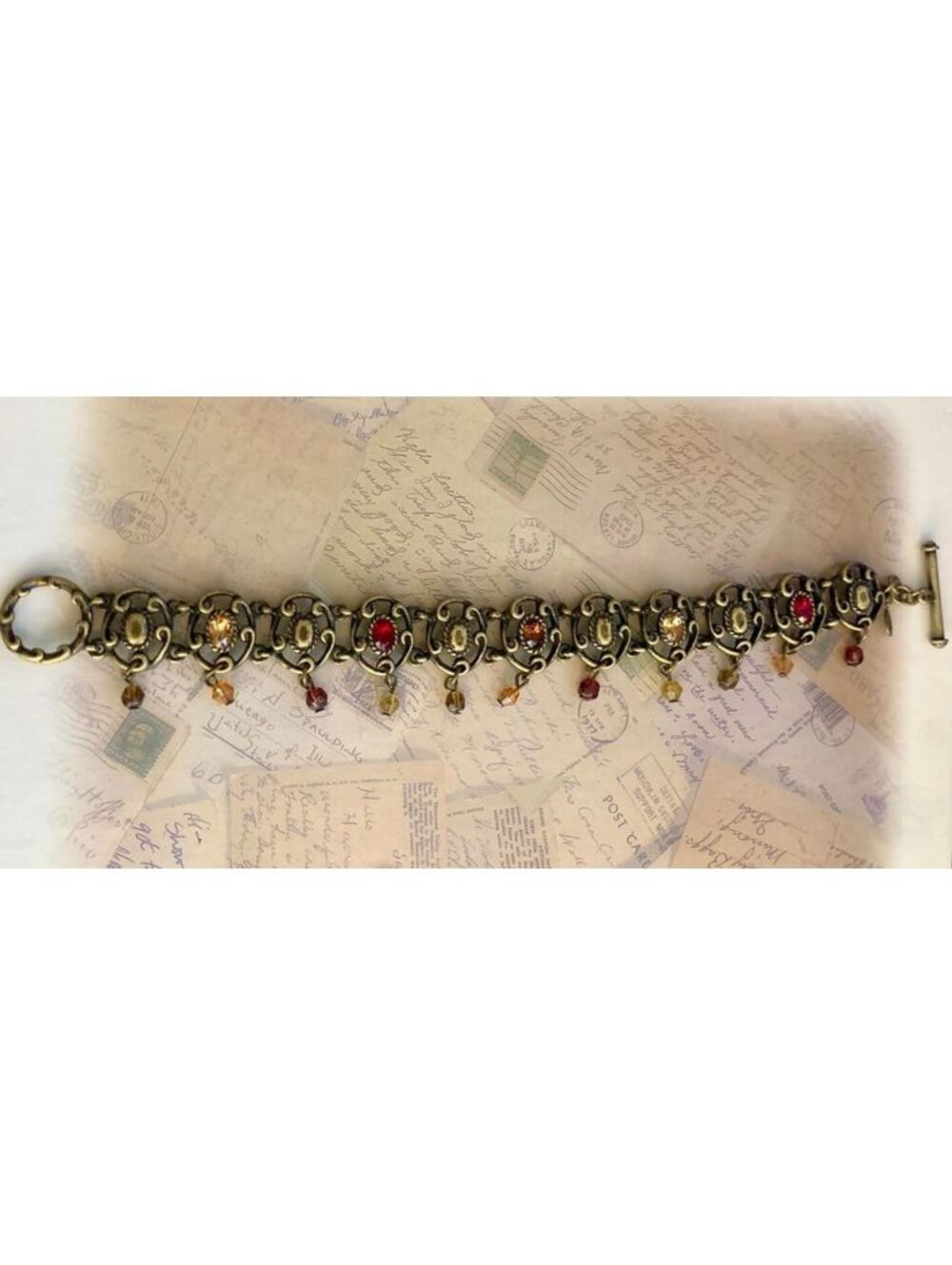 Vintage Renaissance Revival Victorian Gothic Rhinestone Toggle Charm Bracelet